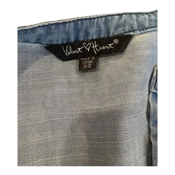 Velvet Heart Embroidered Blouse Aztec Chambray Tie Sleeve Peep ShoulderSize XS - Picture 3 of 10
